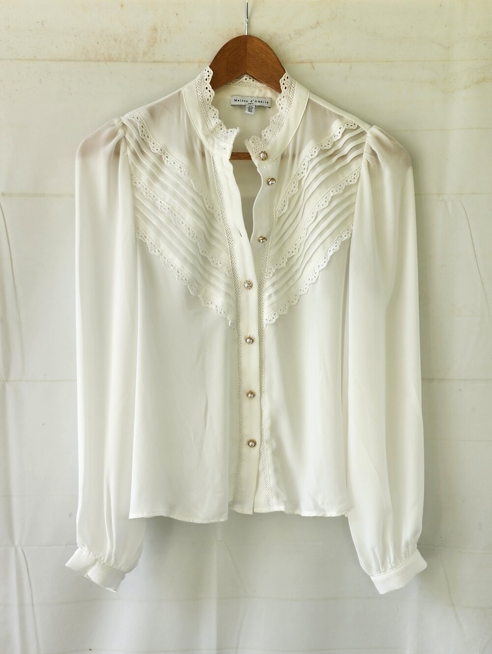 Maison D' Amelie Vintage-Inspired White Lace-Trim Blouse